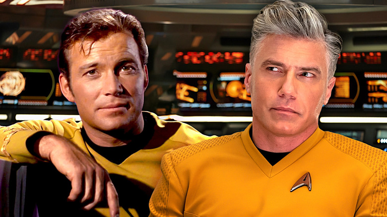 Composite image of William Shatner as Captain Kirk in Star Trek and Anson Mount as Captain Pike in Star Trek: Strange New Worlds