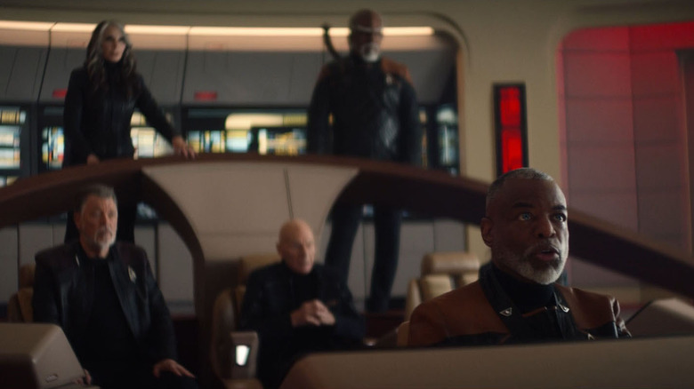 The cast of Star Trek: The Next Generation gathered on the bridge of the Enterprise-D on Star Trek: Picard