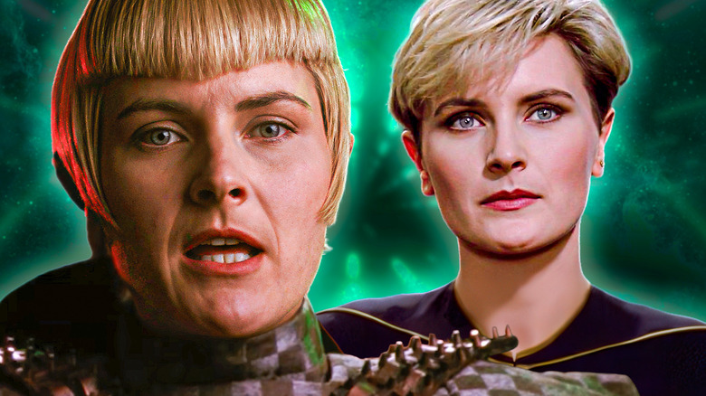 Denise Crosby as both Natasha Yar and Commander Sela in images taken from Star Trek: The Next Generation