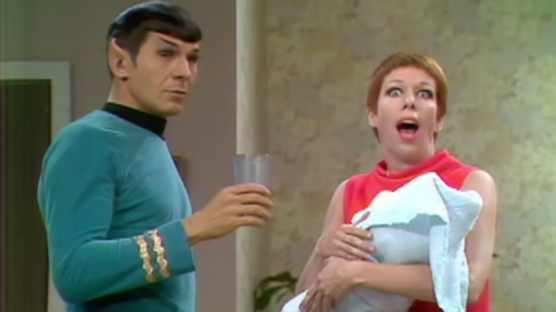 Spock handing a glass of water to Mrs. Invisible Man on The Carol Burnett Show
