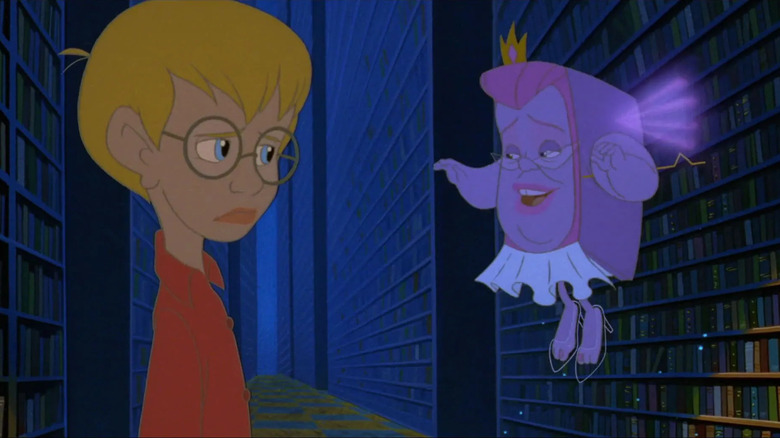 Richard Tyler talking to Fantasy in a library in The Pagemaster
