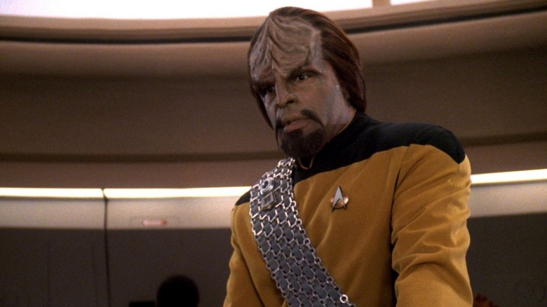 Worf at the security station in Star Trek: The Next Generation