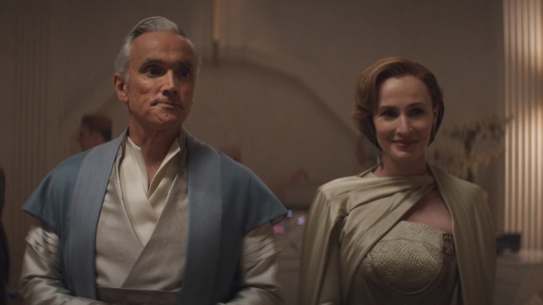 Ben Miles as Tay Kolma and Genevieve O'Reilly as Mon Mothma in "Andor" Episode 7, "Announcement"