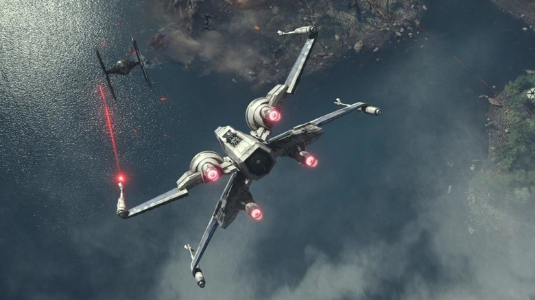 An X-Wing chases a TIE Fighter in 2015's Star Wars: The Force Awakens