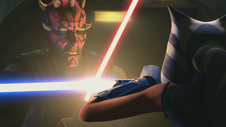 Maul grimacing as he confronts Ahsoka Tano in Star Wars: The Clone Wars