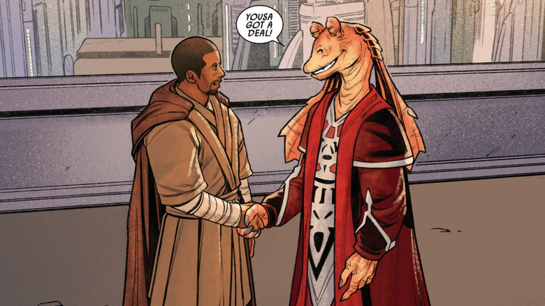 Jar Jar Binks shaking hands with Kelleran Beq as they agree to start a rebel cell in Star Wars: Jar Jar Binks