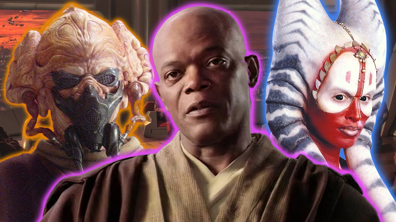 A collage of Plo Koon (Matt Sloan), Mace Windu (Samuel L. Jackson), and Shaak Ti (Orli Shoshan) in Star Wars promotional materials