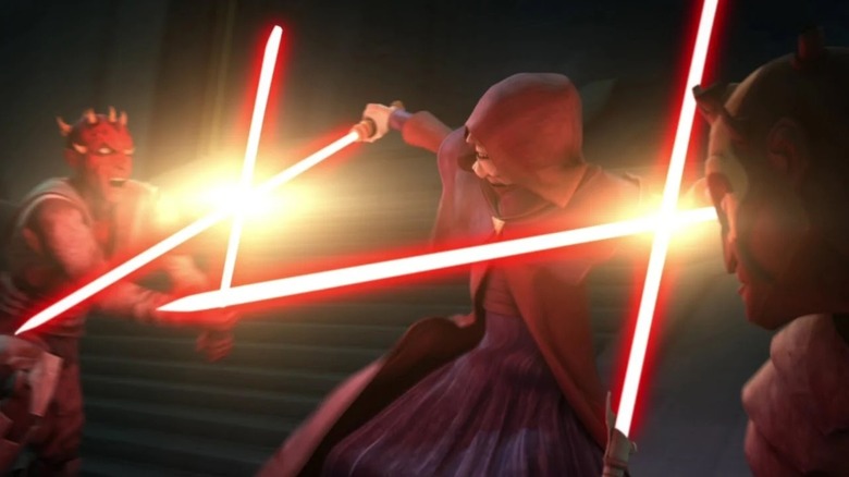 Darth Sidious waging a lightsaber battle with Maul and Savage Opress in Star Wars: The Clone Wars