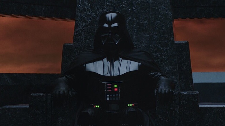 Darth Vader sitting in his throne in his castle on Mustafar in Obi-Wan Kenobi