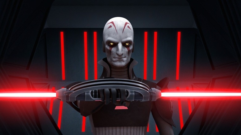 The Grand Inquisitor holding his double-bladed lightsaber in Star Wars Rebels