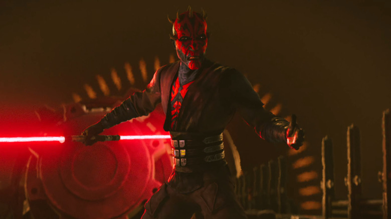 Maul holding his double-bladed lightsaber behind his back in Star Wars: Maul - Shadow Lord season 1