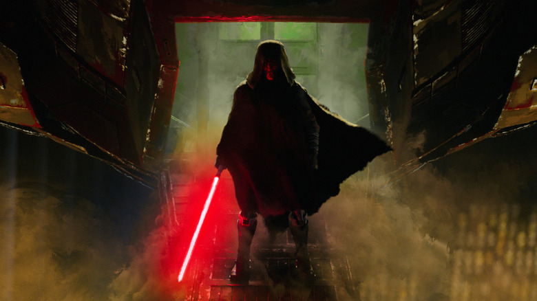 Maul walking down the ramp of his ship with his lightsaber in hand in Star Wars: Maul - Shadow Lord