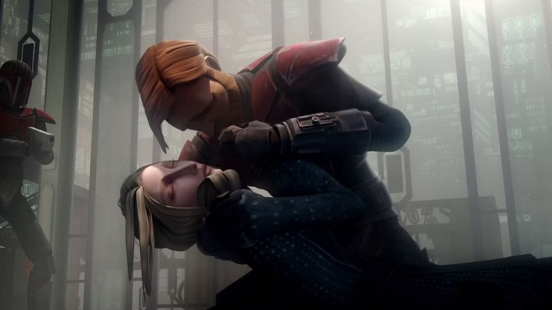 Obi-Wan Kenobi cradling the dying Duchess Satine in Star Wars: The Clone Wars