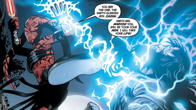 Darth Talon gebruikt Force-bliksem op een tegenstander in de Star Wars-stripboeken