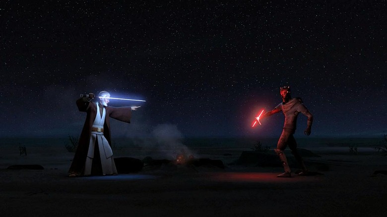 Obi-Wan Kenobi and Maul getting ready to face off in Star Wars Rebels episode Twin Suns