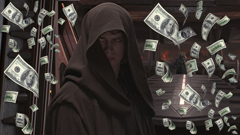 Hayden Christensen's Anakin Skywalker turning into Darth Vader on Mustafar surrounded by money In Star Wars: Revenge of the Sith