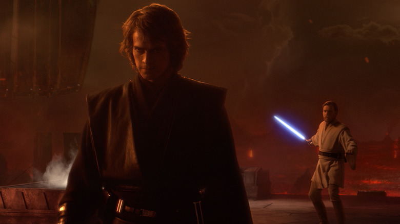 Hayden Christensen as Anakin Skywalker getting ready to fight Ewan McGregor as Obi-Wan Kenobi on Mustafar in Star Wars: Revenge of the Sith