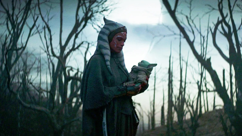 Ahsoka and Grogu together in the burnt forests of Corvus near Calodan