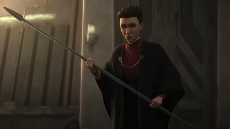 Morgan Elsbeth holding a spear in Star Wars: Tales of the Empire