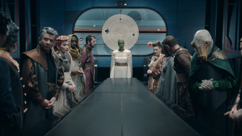 Vernestra Rwoh speaking with galactic senators in a conference room in Star Wars: The Acolyte