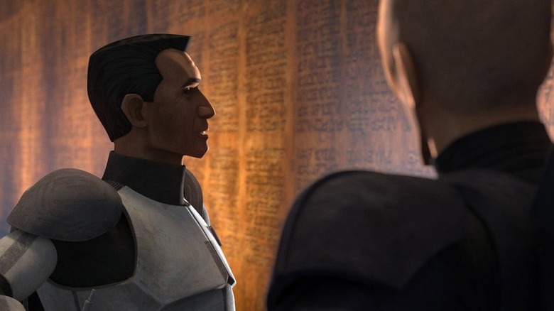 The Bad Batch's Cody and Crosshair talking at a wall inscription
