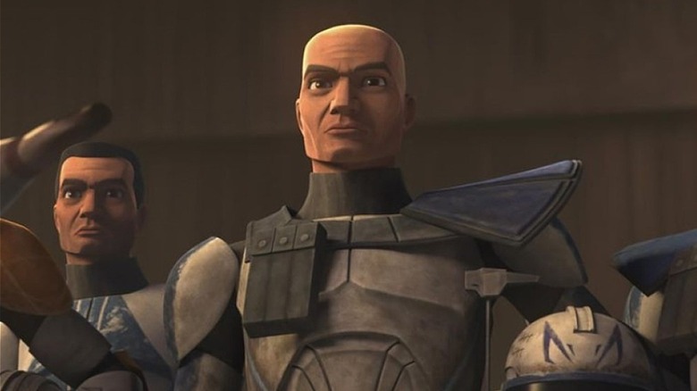 Captain Rex and some of the clones stand proud with their helmets at their side in The Clone Wars