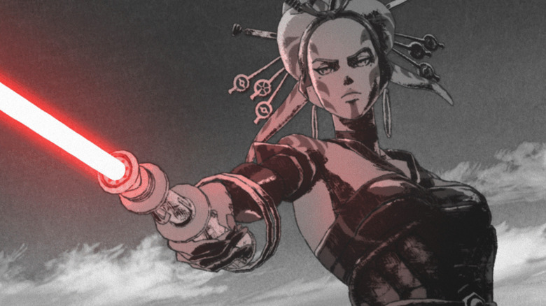 A warrior wielding a red lightsaber in Star Wars: Visions