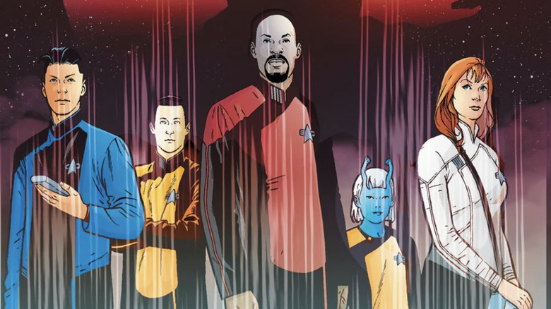 Star Trek: Godshock comic cover with T'Lir, Data, Ben Sisko, Aholialili Sato, and Beverly Crusher