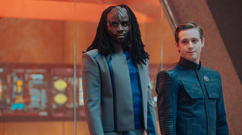 Karim Diané as Jay-Den and Dale Whibley as Kyle standing together in season 1, episode 7, of Star Trek: Starfleet Academy