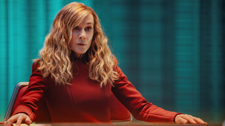 Holly Hunter as Nahla Ake sitting in her captain's chair on a starship in Star Trek: Starfleet Academy