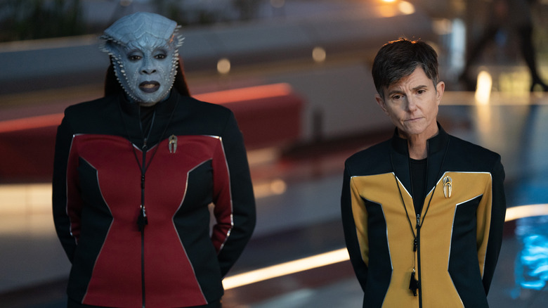 Lura Thok and Jet Reno in gym outfits on Star Trek: Starfleet Academy