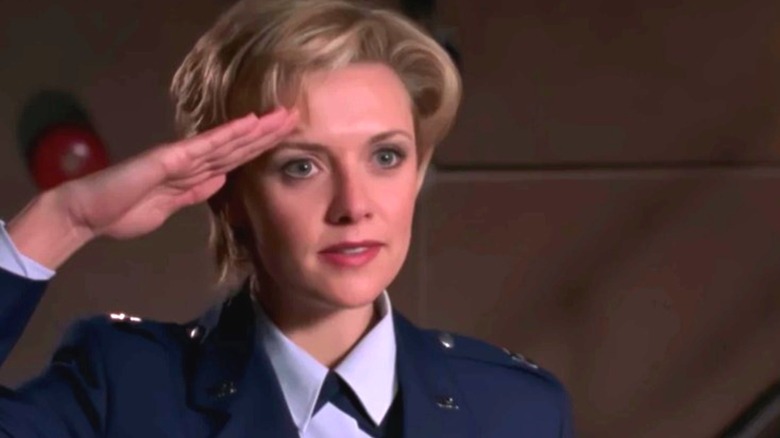 Amanda Tapping as Samantha Carter giving a salute on Stargate SG-1