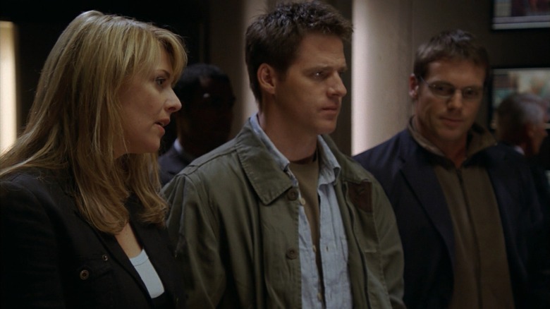 Ben Browder as the Cameron Mitchell Collar, Michael Shanks in the role of Daniel Jackson and Amanda Tapping the Samantha Carter collar in Stargate: Continuum
