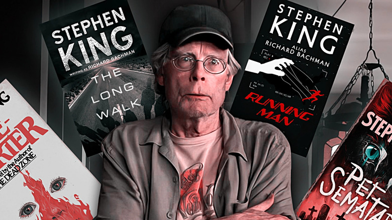 Stephen King surrounded by covers of his books: Firestarter, The Long Walk, The Running Man, and Pet Sematary