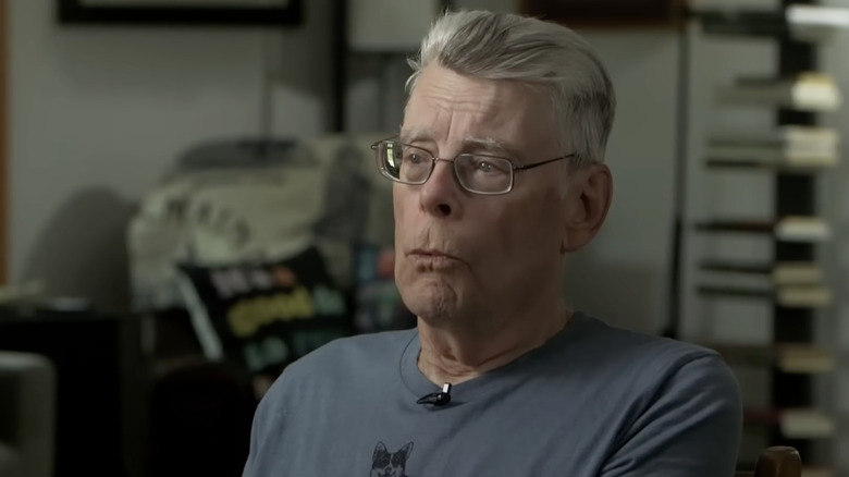 Stephen King giving an interview in PBS NewsHour