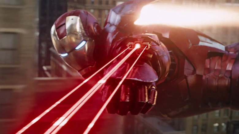 Iron Man firing a laser beam from his wrist in The Avengers