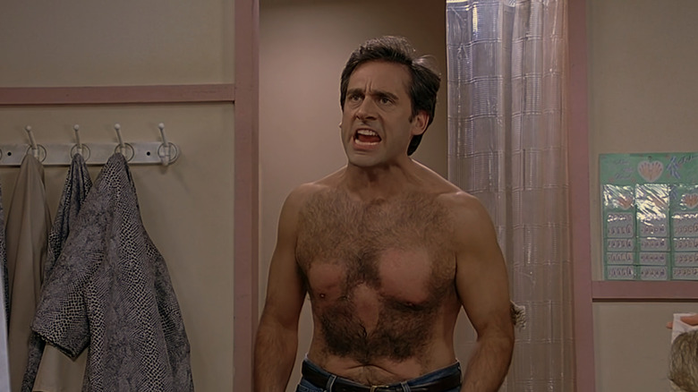 Steve Carell as Andy looking very upset with a partially waxed chest in The 40-Year-Old Virgin