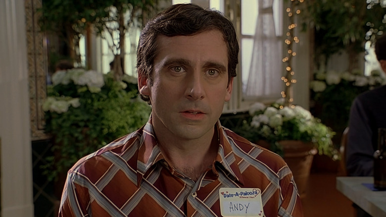 Steve Carell as Andy wearing a nametag during speed-dating in The 40-Year-Old Virgin