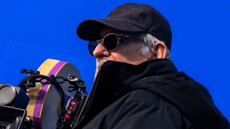 Steven Spielberg filming a scene on the set of Disclosure Day