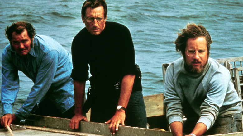 Brody (Roy Scheider), Hooper (Richard Dreyfuss), and Quint (Robert Shaw) out on the water in Jaws (1975)