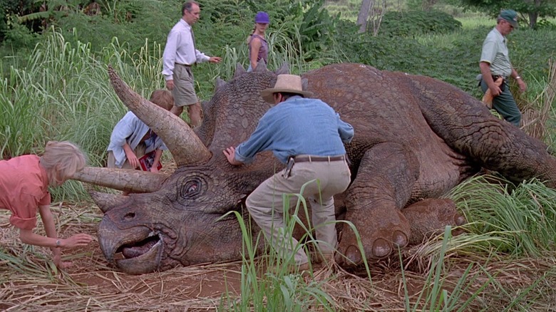 Dr. Sattler and Dr. Grant inspect an ailing triceratops in Jurassic Park