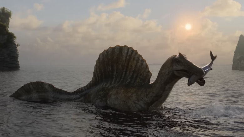 डायनासोरमधील मासे खात एक स्पिनोसॉरस समुद्रातून बाहेर आला