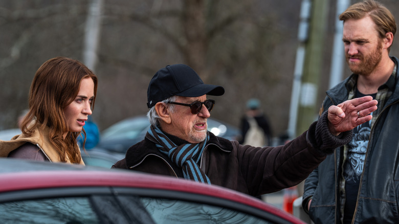 Steven Spielberg behind the scenes directing Emily Blunt and Wyatt Russell in Disclosure Day