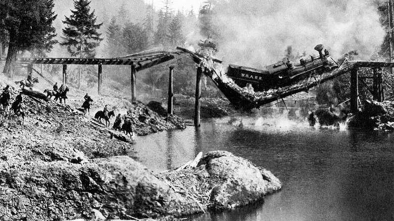 The Texas falls through the bridge in The General