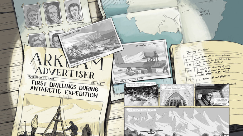 At the Mountains of Madness graphic novel splash page showing expedition preparation