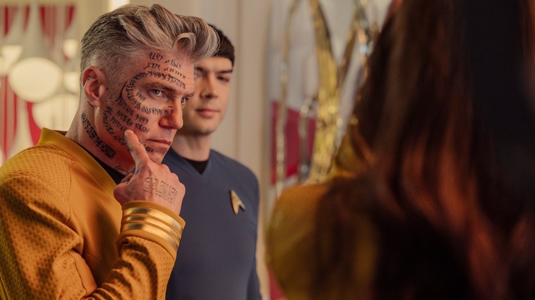 Captain Pike with writing all over his face in Star Trek: Strange New Worlds