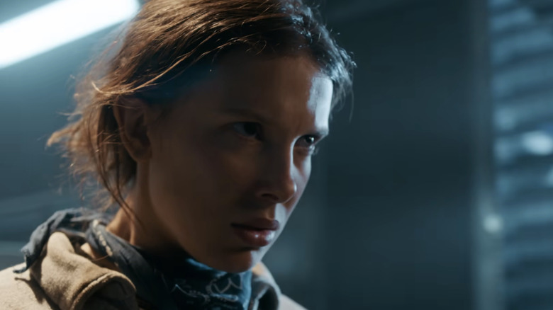 Eleven looking serious in Stranger Things