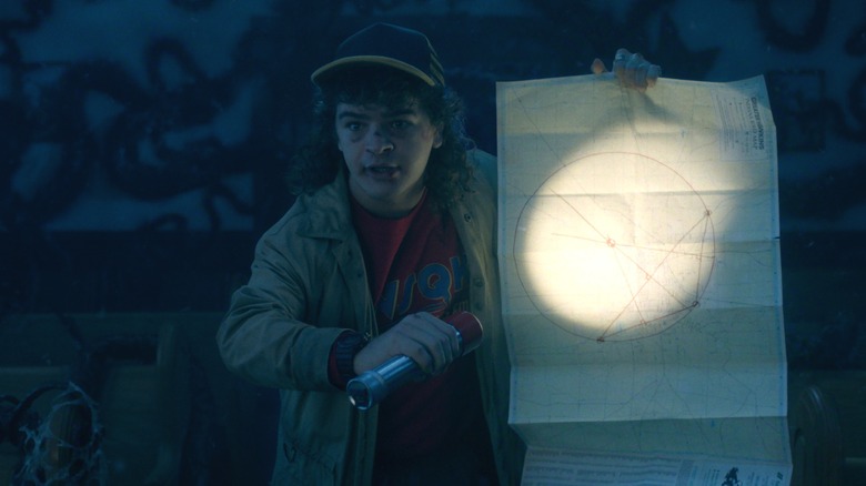 Dustin holds up a diagram to explain his theories in Stranger Things