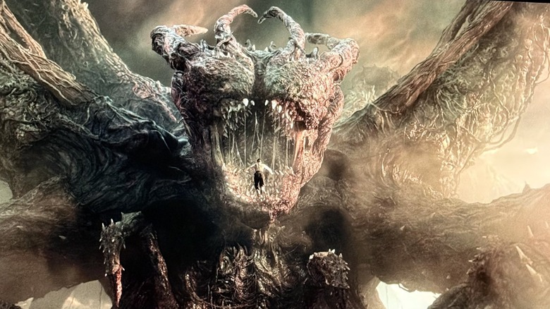 Millie Bobby Brown's Eleven jumping in the Mind Flayer's mouth on Stranger Things