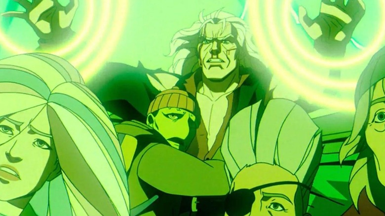 మాగ్నెటో (మాథ్యూ వాటర్సన్) లీచ్ (డేవిడ్ ఎర్రిగో జూనియర్) చేత కౌగిలించుకోబడ్డాడు. "X-మెన్ '97."